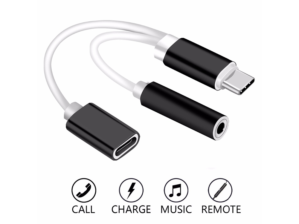 Адаптер HF/audio Type C - Jack 3,5mm + charging, Черен