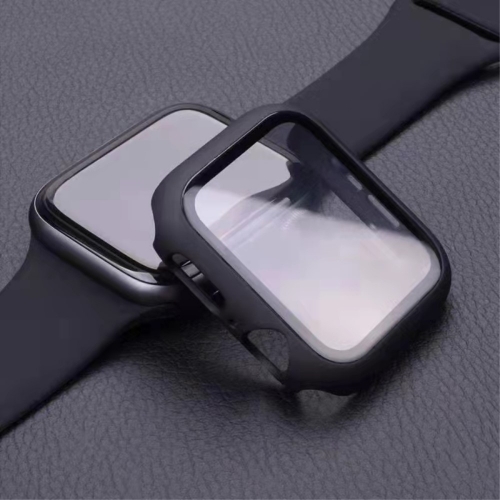Пластмасов протектор 2 в 1 със закалено стъкло за Apple Watch Series 7 45mm, Черен