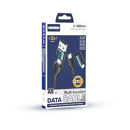 USB Кабел JELLICO A8, PD, 3A, 4 в 1, Черен