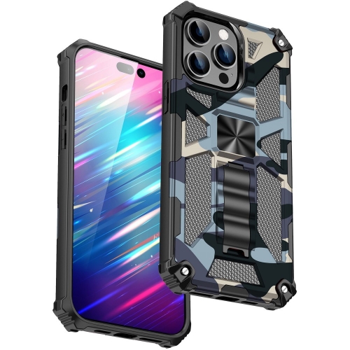 Удароустойчив гръб с поставка Military за Iphone 14 Pro, камуфлаж син