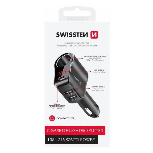Зарядно за кола SWISSTEN 1xCL, 1xUSB-C PD, 2x USB-A Output power 108W - 216W, 12V-24V , Черен