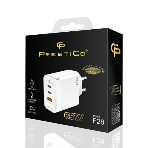 Зарядно 220V Prestico F28, 1xUSB-QC, 2xPD, 65W, бял
