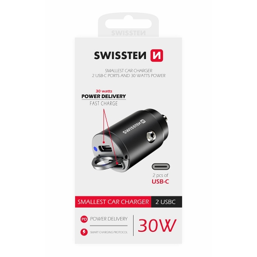 Зарядно за кола 12V-24V SWISSTEN, PD, 30W, 2xUSB-C, Nano, Черен