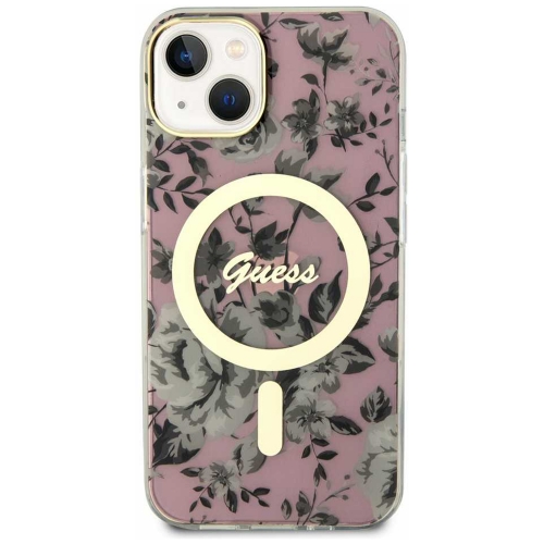 Калъф GUESS, Flowers IML MagSafe Compatible за iPhone 14, GUHMP14SHCFWSP, Розов цвят