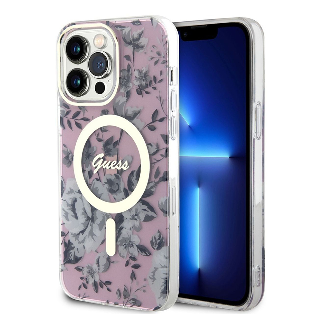 Калъф GUESS, Flowers IML MagSafe Compatible за iPhone 13 Pro, GUHMP13LHCFWSP, Розов цвят