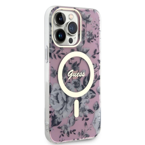Калъф GUESS, Flowers IML MagSafe Compatible за iPhone 13 Pro, GUHMP13LHCFWSP, Розов цвят