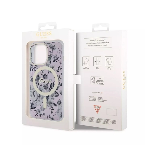 Калъф GUESS, Flowers IML MagSafe Compatible за iPhone 13 Pro, GUHMP13LHCFWSP, Розов цвят