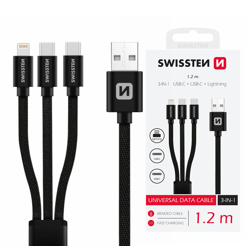 Кабел SWISSTEN TEXTILE 3 в 1, Lightning, 2x USB-C, 1,2M, Черен