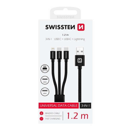 Кабел SWISSTEN TEXTILE 3 в 1, Lightning, 2x USB-C, 1,2M, Черен