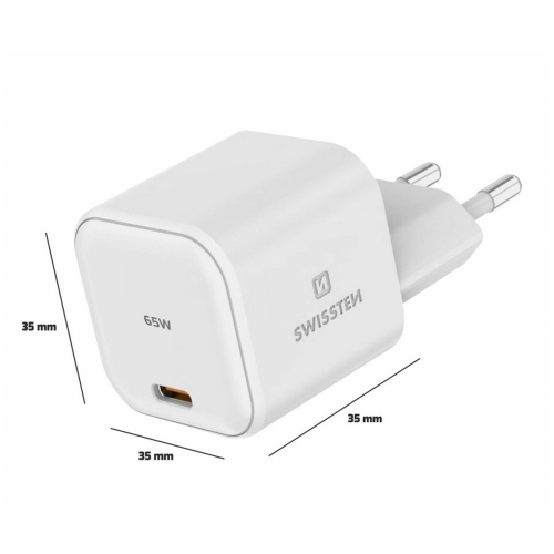 Зарядно Swissten SMARTGaN, 1xUSB-C, 65W, Бял