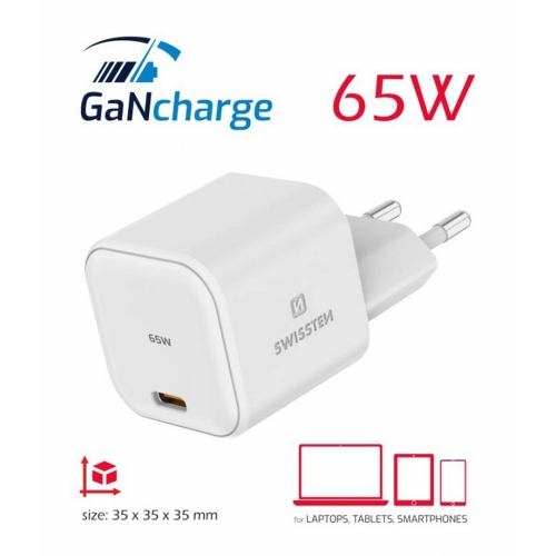 Зарядно Swissten SMARTGaN, 1xUSB-C, 65W, Бял