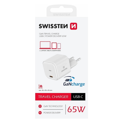 Зарядно Swissten SMARTGaN, 1xUSB-C, 65W, Бял