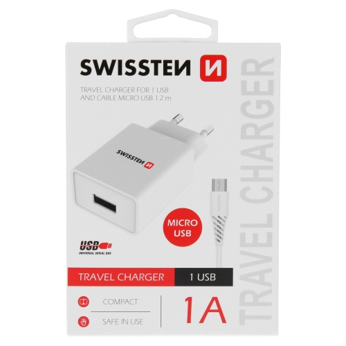 Зарядно Swissten SMART IC 1x USB 1A с кабел MICRO USB ,1,2 M, Бял