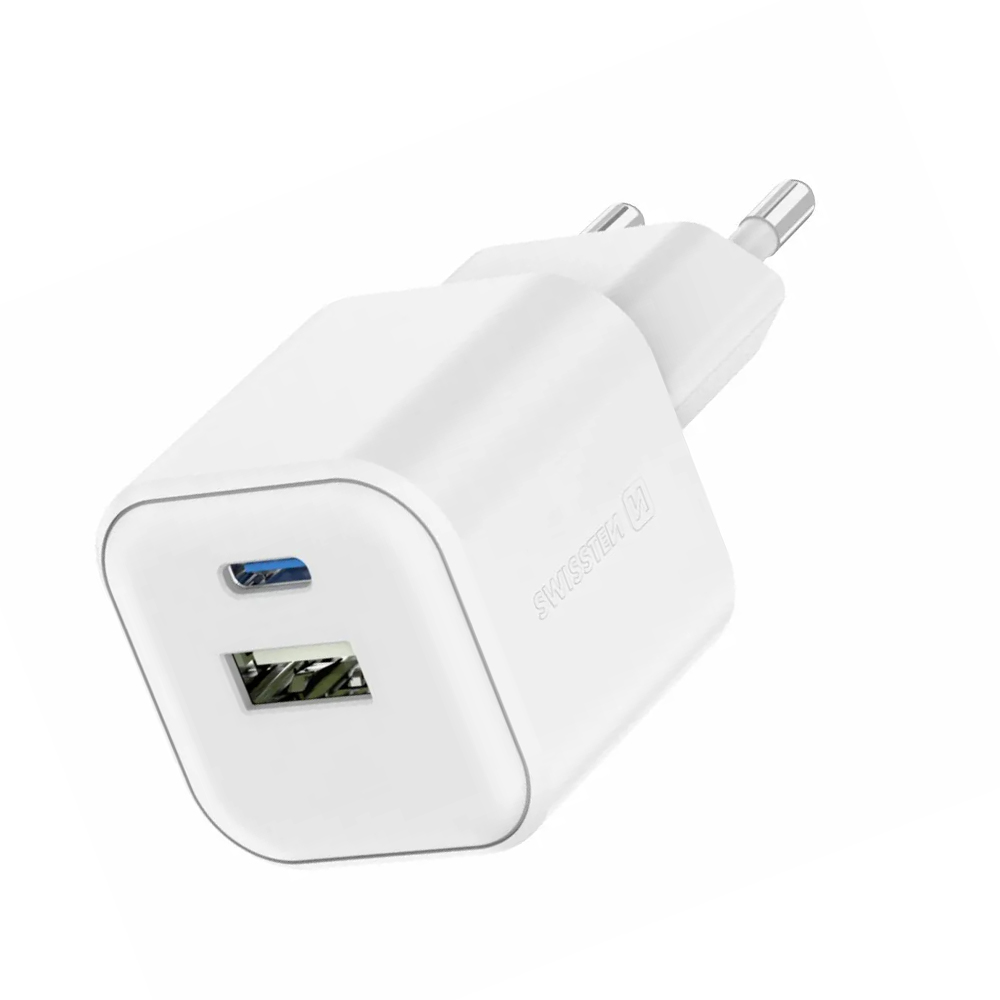 Зарядно Swissten GaN 1xUSB-C 20W, 1xUSB-A 18W, Бял