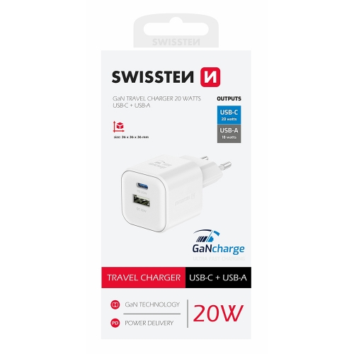 Зарядно Swissten GaN 1xUSB-C 20W, 1xUSB-A 18W, Бял