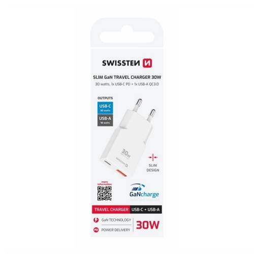 Мрежвово зарядно Swissten Slim  GaN USB-C, USB-A, 30W, бял