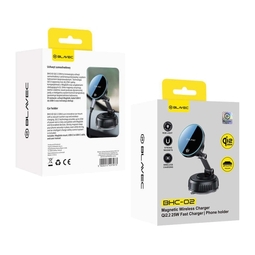 Поставка за кола Blavec BHC-02 Qi2.2 25W vacum magnetic, черна