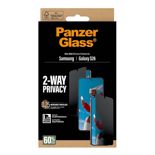 Стъклен протектор PanzerGlass 2-Way Privacy Ultra-Wide Fit w EasyAligner за Samsung Galaxy S26, черен