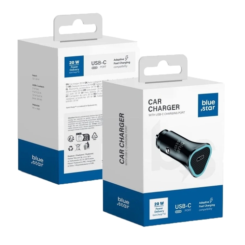 Зарядно за кола Blue Star, USB-C, QC3.0, PD, 20 W, кабел USB-C към USB-C, черен