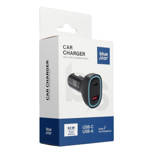 Зарядно за кола Blue Star, USB C + USB A, QC3.0, PD AFC, PPS, 63 W, черен