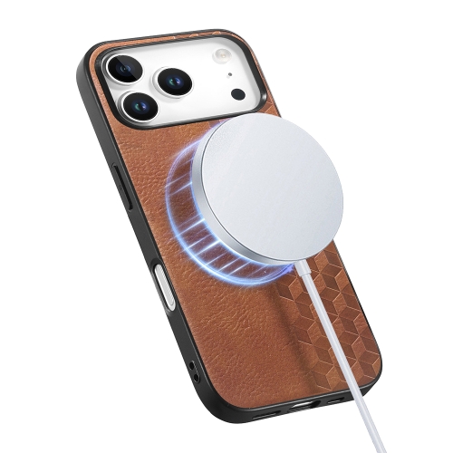 Калъф MagSF Grid Pattern PU Leather + PC за Iphone 17 Pro, кафяв