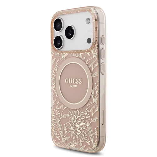 Калъф Guess IML Flowers Allover Strap MagSafe Case за iPhone 17 Pro, розов