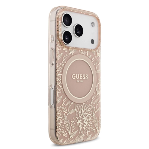 Калъф Guess IML Flowers Allover Strap MagSafe Case за iPhone 17 Pro, розов