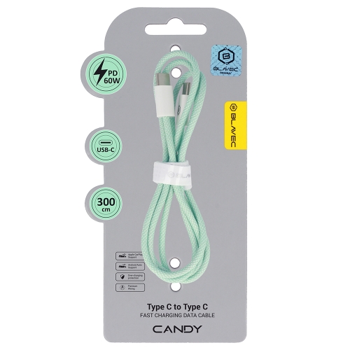 USB Кабел Blavec Candy, Type-C, PD, 60W, 3A, 3m, Apple CarPlay/Android Auto (CCA-CC3GN30), зелен