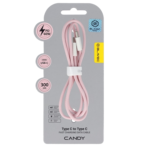 USB Кабел Blavec Candy, Type-C, PD, 60W, 3A, 3m, Apple CarPlay/Android Auto (CCA-CC3P30), розов
