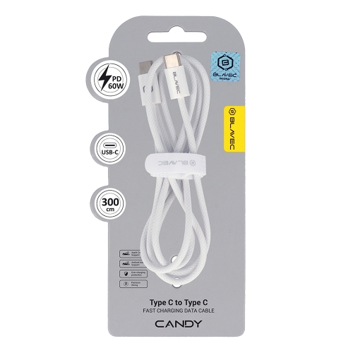 USB Кабел Blavec Candy Type-C, PD, 60W, 3A, 3m, Apple CarPlay/Android Auto (CCA-CC3W30), бял