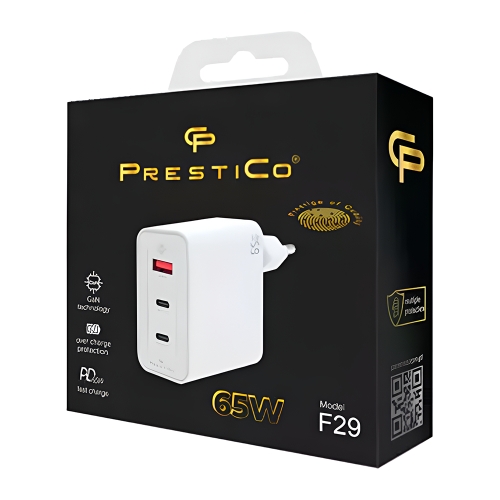 Зарядно 220V Prestico F29, 1xUSB-QCx2PD, 65W, GaN, бял