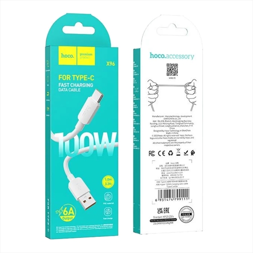 Кабел Hoco X96, USB-A към USB-C, PD, 6A, 100W, 1m, бял