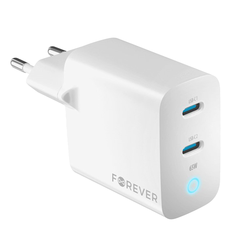 Зарядно 220V Forever GaN TC-06-65CC, QC, 2xUSB-C, 65w, бял