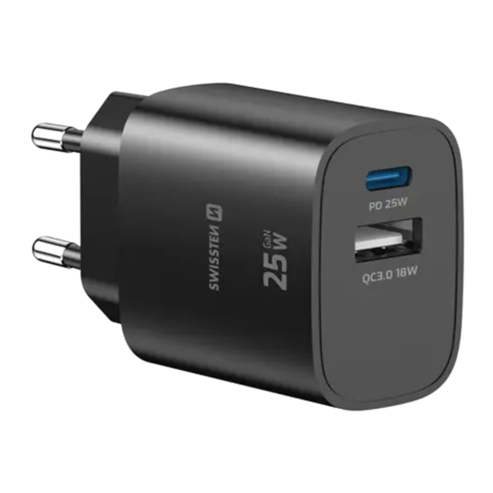 Зарядно Swissten EDGE, GaN, 1xUSB-C, PD, 25W + 1xUSB-A, 18W, QC, черен