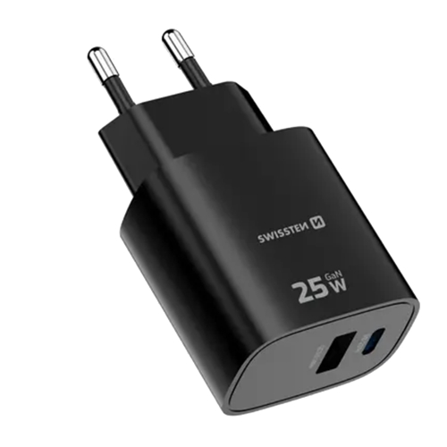Зарядно Swissten EDGE, GaN, 1xUSB-C, PD, 25W + 1xUSB-A, 18W, QC, черен