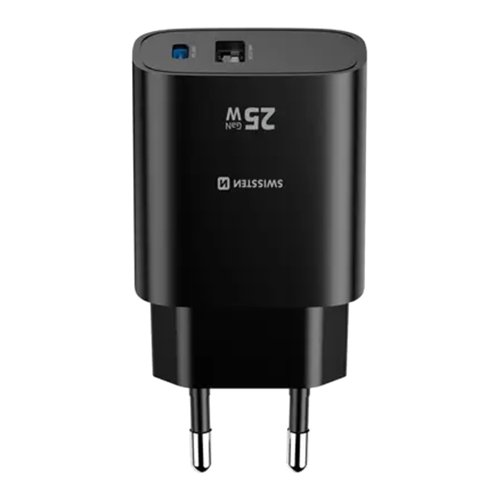 Зарядно Swissten EDGE, GaN, 1xUSB-C, PD, 25W + 1xUSB-A, 18W, QC, черен