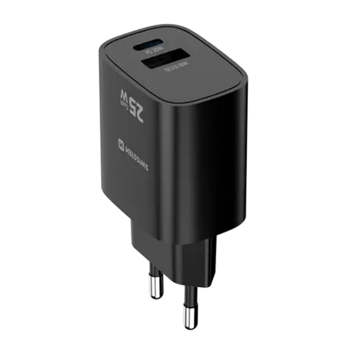 Зарядно Swissten EDGE, GaN, 1xUSB-C, PD, 25W + 1xUSB-A, 18W, QC, черен