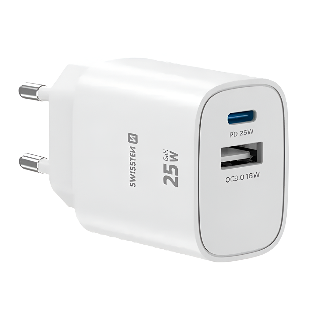 Зарядно Swissten EDGE, GaN, 1xUSB-C, PD, 25W + 1xUSB-A, 18W, QC, бял
