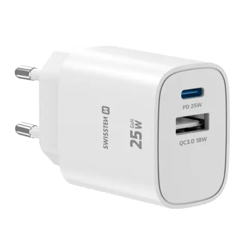 Зарядно Swissten EDGE, GaN, 1xUSB-C, PD, 25W + 1xUSB-A, 18W, QC, бял