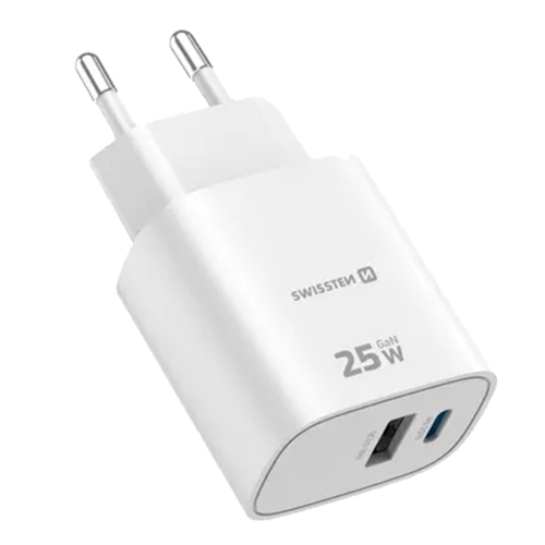 Зарядно Swissten EDGE, GaN, 1xUSB-C, PD, 25W + 1xUSB-A, 18W, QC, бял