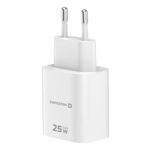 Зарядно Swissten EDGE, GaN, 1xUSB-C, PD, 25W + 1xUSB-A, 18W, QC, бял