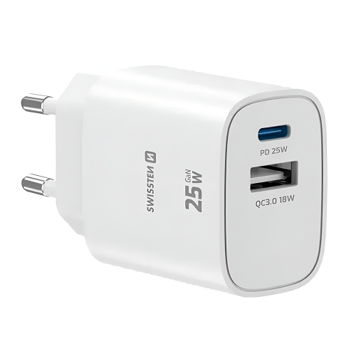 Зарядно Swissten EDGE, GaN, 1xUSB-C, PD, 25W + 1xUSB-A, 18W, QC, бял