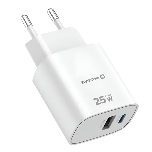 Зарядно Swissten EDGE, GaN, 1xUSB-C, PD, 25W + 1xUSB-A, 18W, QC, бял