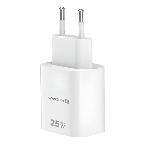 Зарядно Swissten EDGE, GaN, 1xUSB-C, PD, 25W + 1xUSB-A, 18W, QC, бял