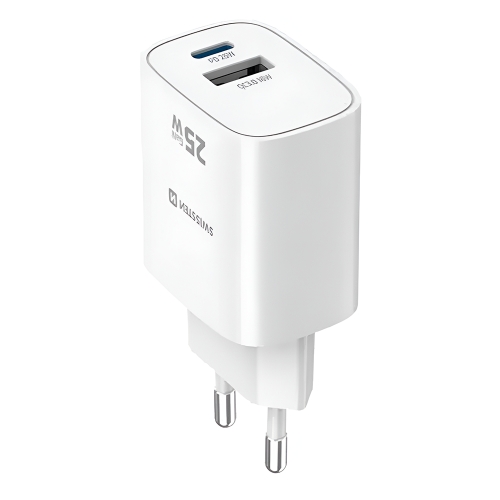 Зарядно Swissten EDGE, GaN, 1xUSB-C, PD, 25W + 1xUSB-A, 18W, QC, бял