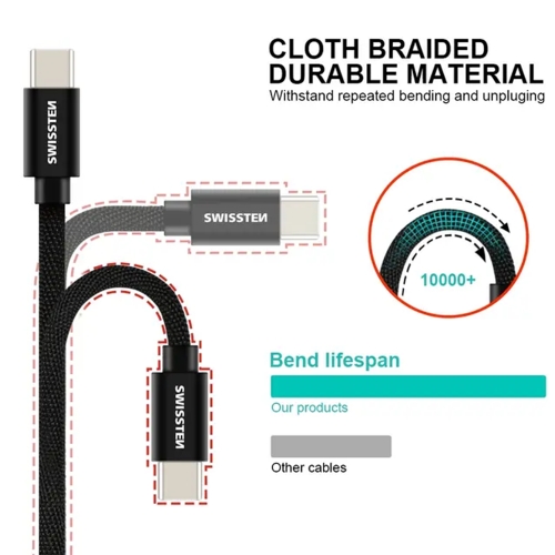 USB Кабел Swissten Textile, USB-C / USB-C, 0.2 M, черен