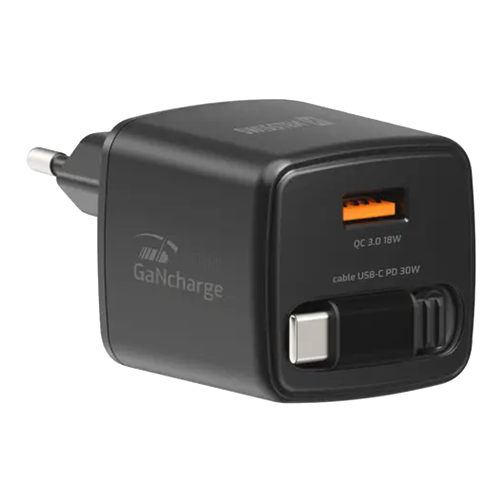 Зарядно Swissten Slide, GaN, 30W 1×USB-A, 18W, Retractable, USB-C, 0.75m, черен