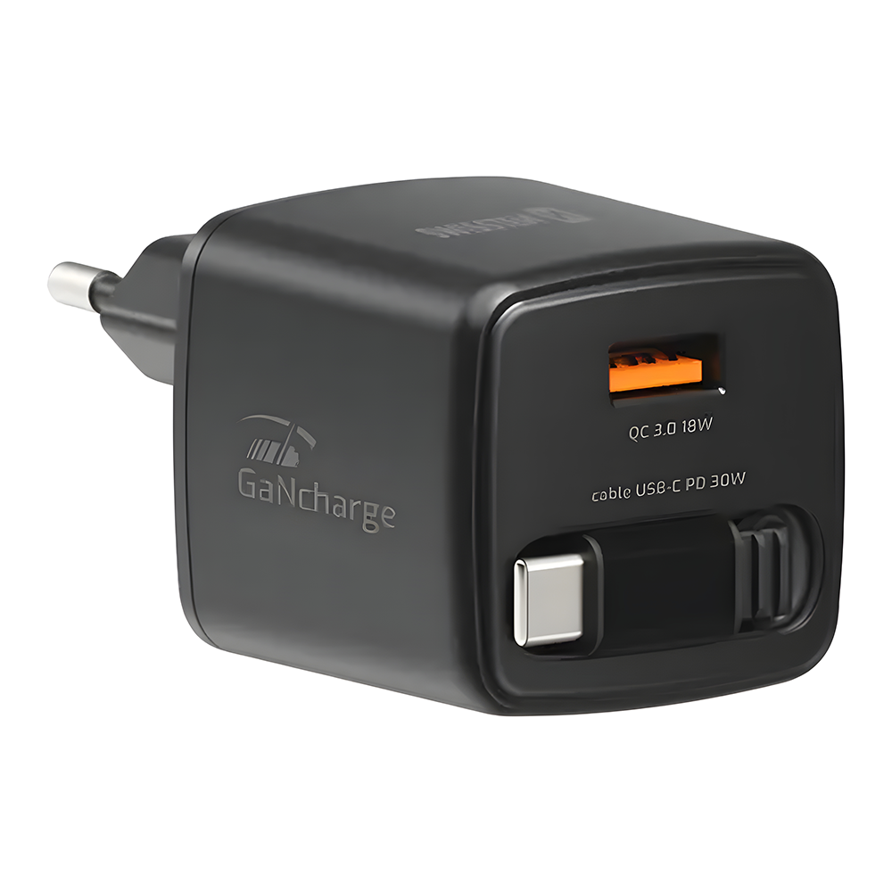 Зарядно Swissten Slide, GaN, 30W 1×USB-A, 18W, Retractable, USB-C, 0.75m, черен