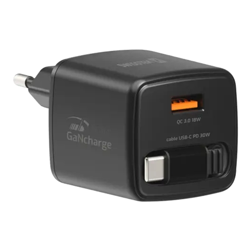 Зарядно Swissten Slide, GaN, 30W 1×USB-A, 18W, Retractable, USB-C, 0.75m, черен