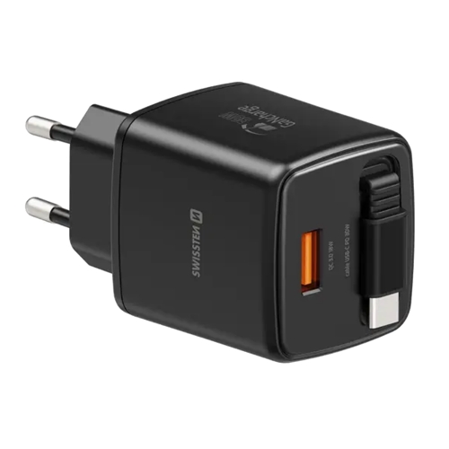 Зарядно Swissten Slide, GaN, 30W 1×USB-A, 18W, Retractable, USB-C, 0.75m, черен